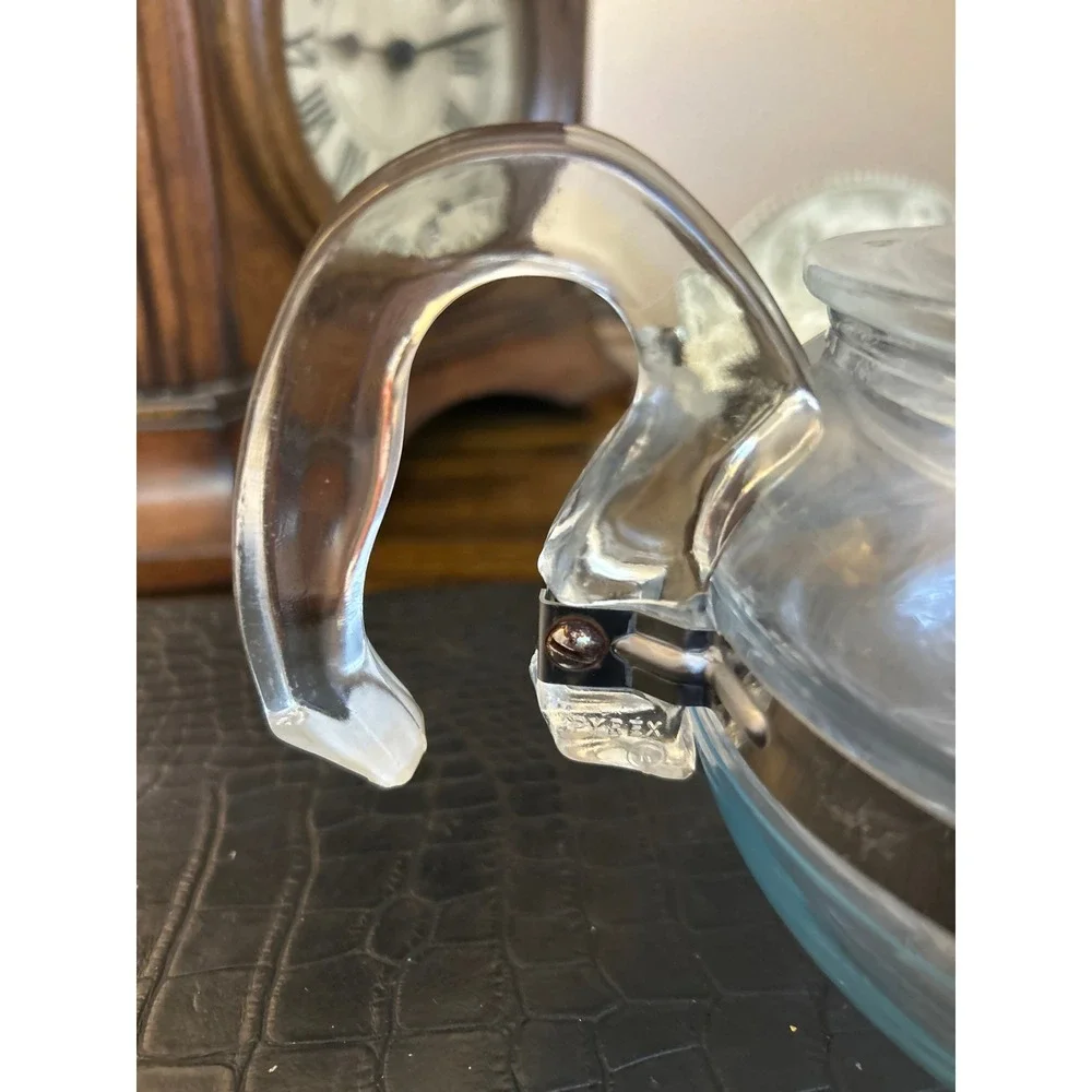 Vintage Pyrex Glass Teapot with Lid and Stainless Steel Band Clear Handle MCM